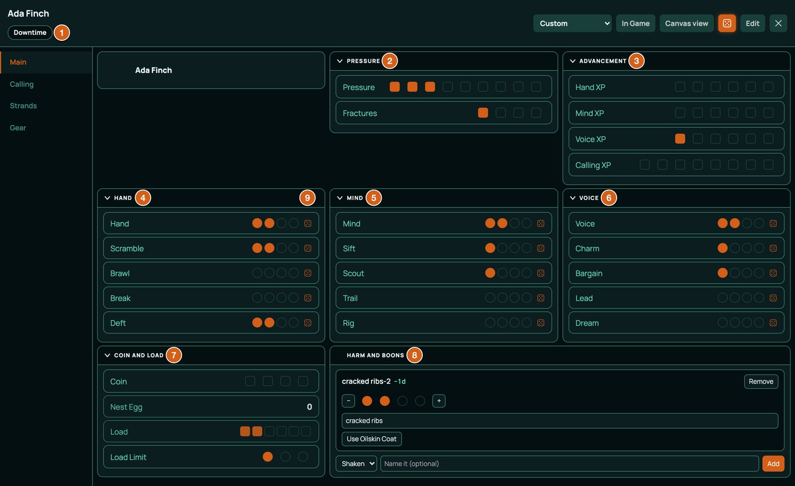 A Ferret's Main page in the Form View, labelled: 1 the Downtime button under the name, 2 Pressure with 3 of 9 boxes filled and Fractures, 3 Advancement, Hand XP, Mind XP, Voice XP and Calling XP, 4 the Hand block, Hand 2 then Scramble, Brawl, Break and Deft with their dots, 5 the Mind block, 6 the Voice block, 7 Coin and Load, Coin, Nest Egg, Load and Load Limit, 8 Harm and Boons with a Hurt named cracked ribs at tier 2, 9 the die icon that marks a row you can roll
