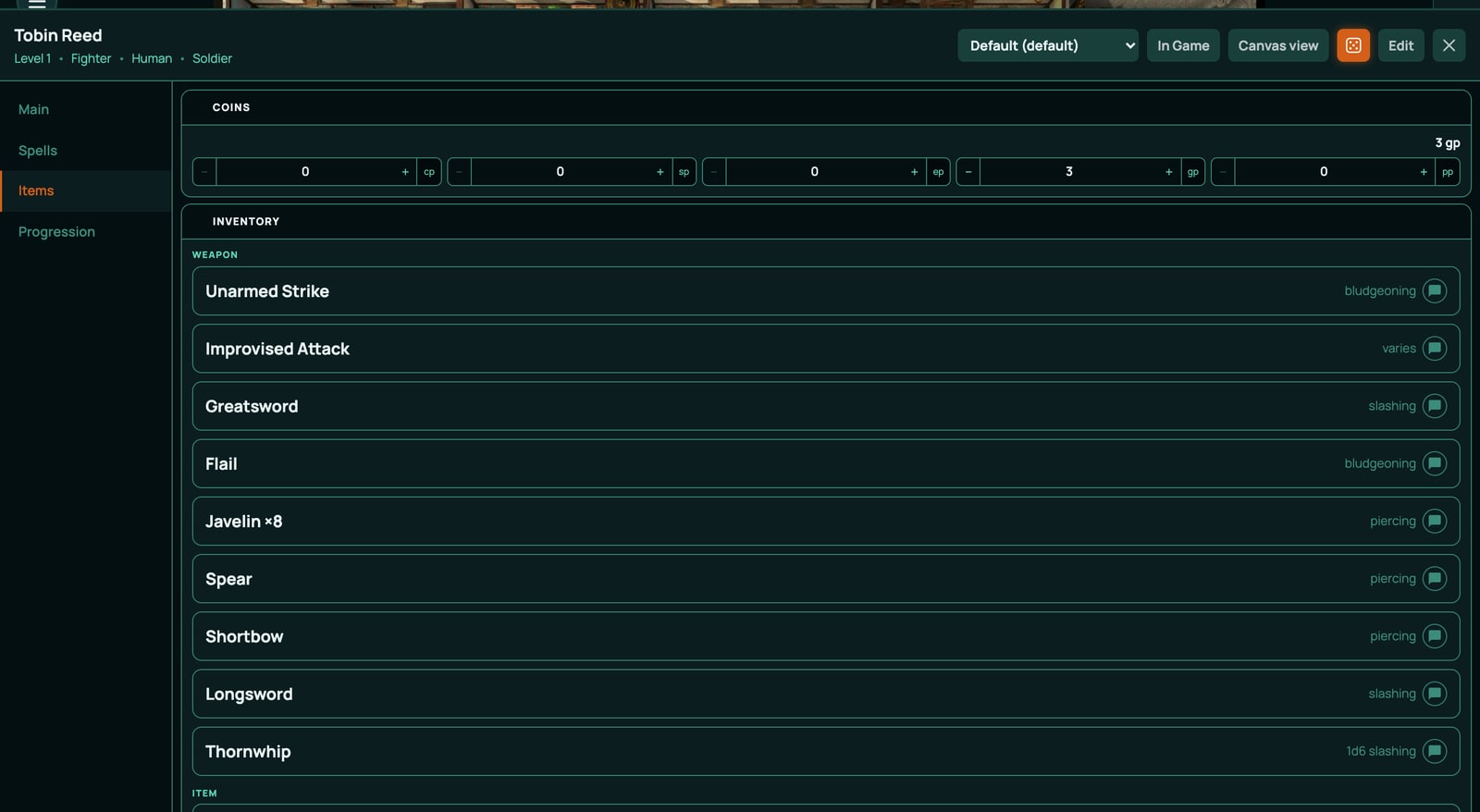 A character sheet's Items tab with the homebrew Thornwhip in the Weapon group beside a built-in longsword: a homebrew item sits on the sheet like any other.