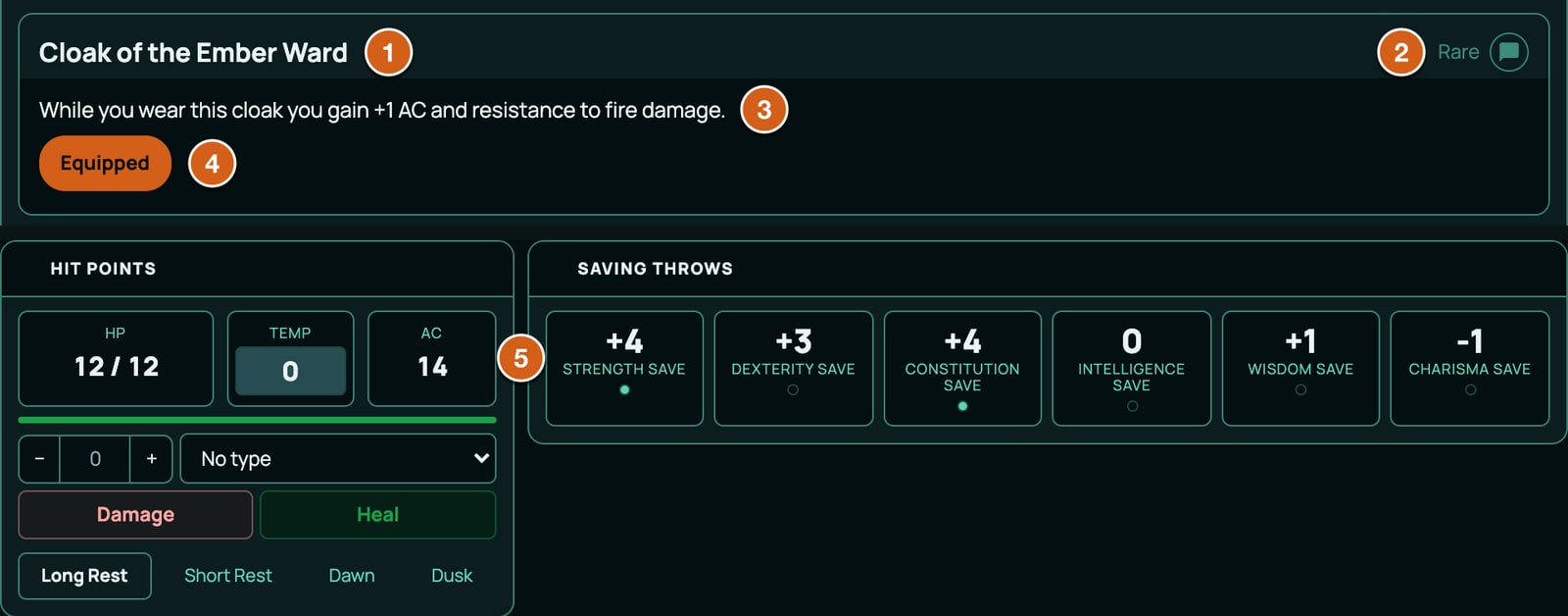 The Cloak of the Ember Ward opened on a 5.5e sheet's Items tab in the Form View, above the Main tab's Hit Points block, labelled: 1 the name, 2 Rare at the end of its row (meta.rarity), 3 the description, 4 Equipped, switched on, 5 the AC on the Main tab, 14, one higher than before.