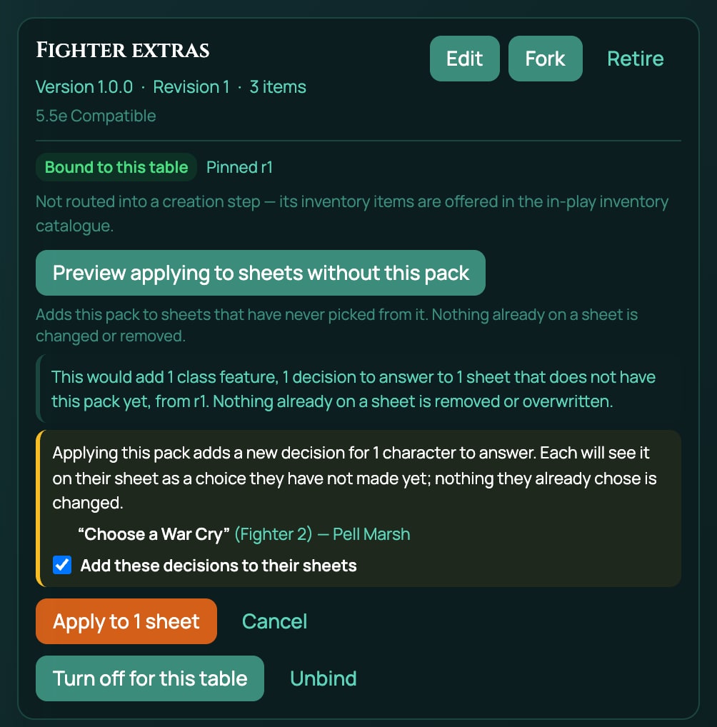 The Fighter extras row in My Homebrew after Preview applying to sheets without this pack: the preview line, the new-decision box that starts Applying this pack adds a new decision for 1 character to answer, the question "Choose a War Cry" (Fighter 2) with the character, Pell Marsh, and the tick box Add these decisions to their sheets ticked, so Apply to 1 sheet is no longer greyed out.