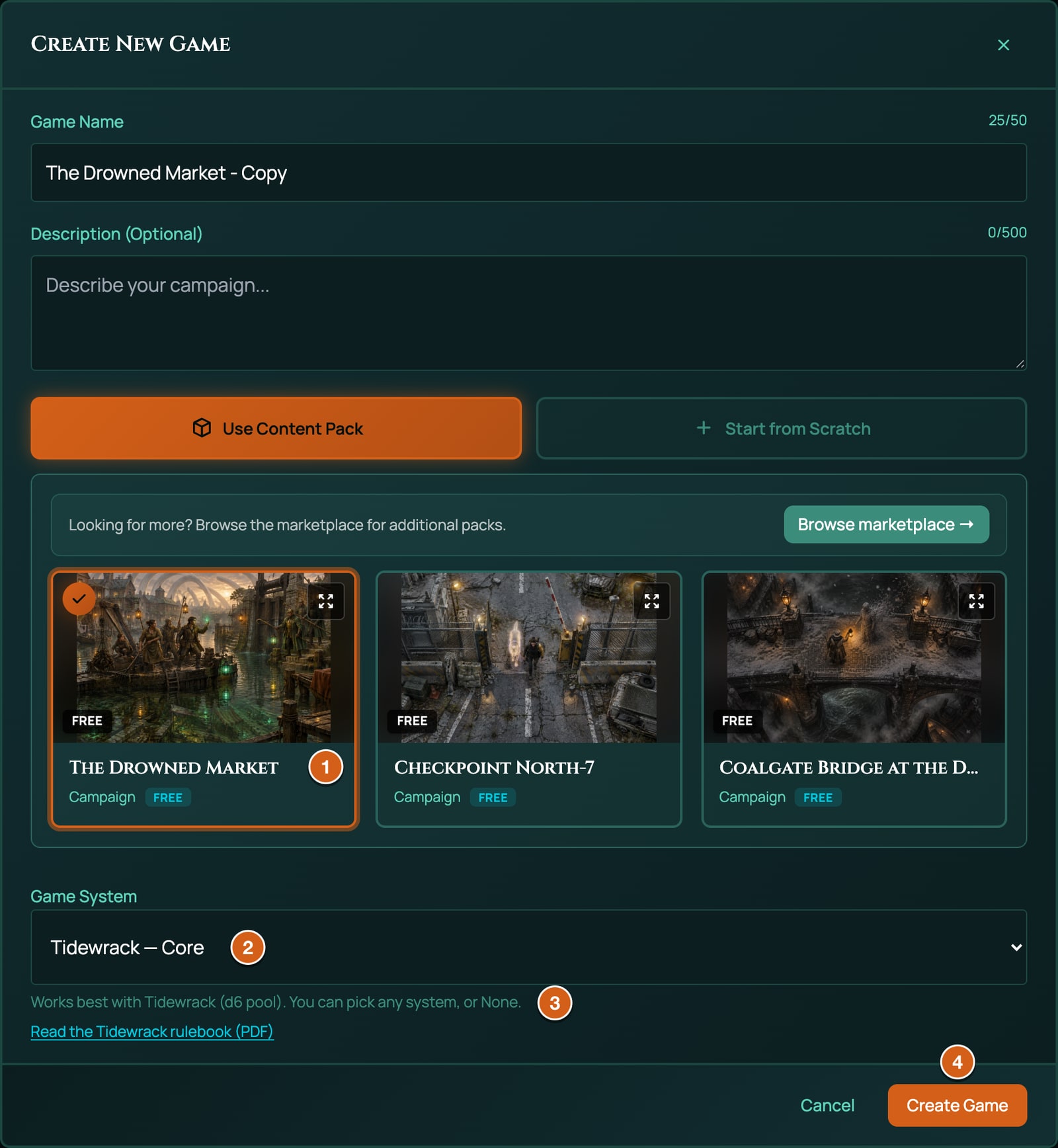The Create New Game window on Use Content Pack, labelled: 1 The Drowned Market picked, a Campaign pack, 2 the Game System list set to Tidewrack, 3 the line Works best with Tidewrack (d6 pool). You can pick any system, or None., 4 Create Game