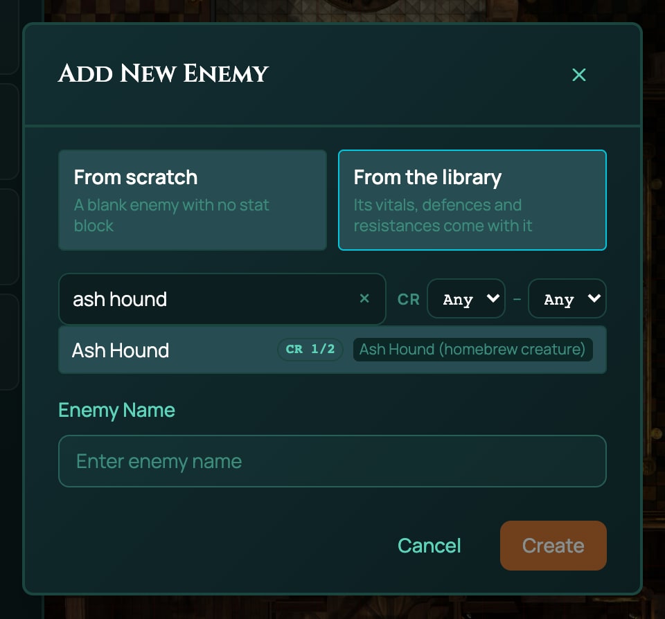 The Add New Enemy window with From the library chosen and ash hound in the search box: the Ash Hound row with its CR 1/2 tag and the pack name, Ash Hound (homebrew creature).