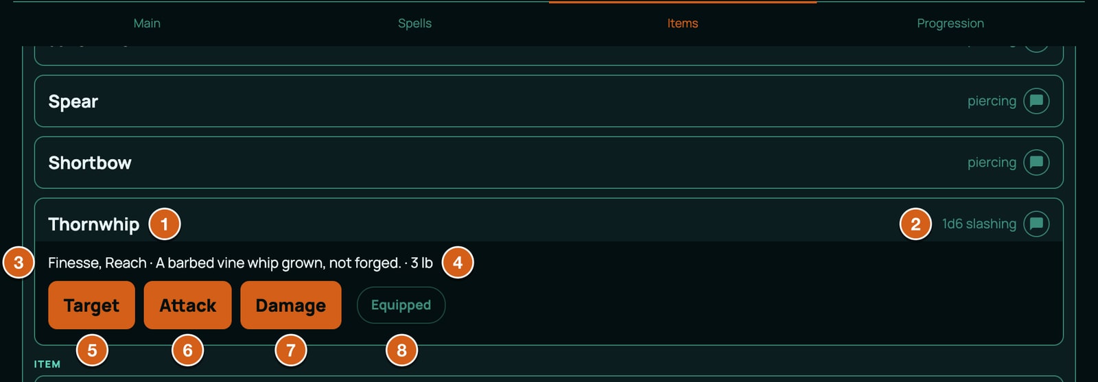The Thornwhip opened on a 5.5e sheet's Items tab in the Form View, labelled: 1 the name, 2 1d6 slashing at the end of its row (meta.damage and meta.damageType), 3 the opened text, Finesse, Reach and the description (meta.properties and meta.description), 4 the weight, 3 lb, 5 Target (there because of meta.applies), 6 Attack and 7 Damage (the two actions, named by their labels), 8 Equipped.