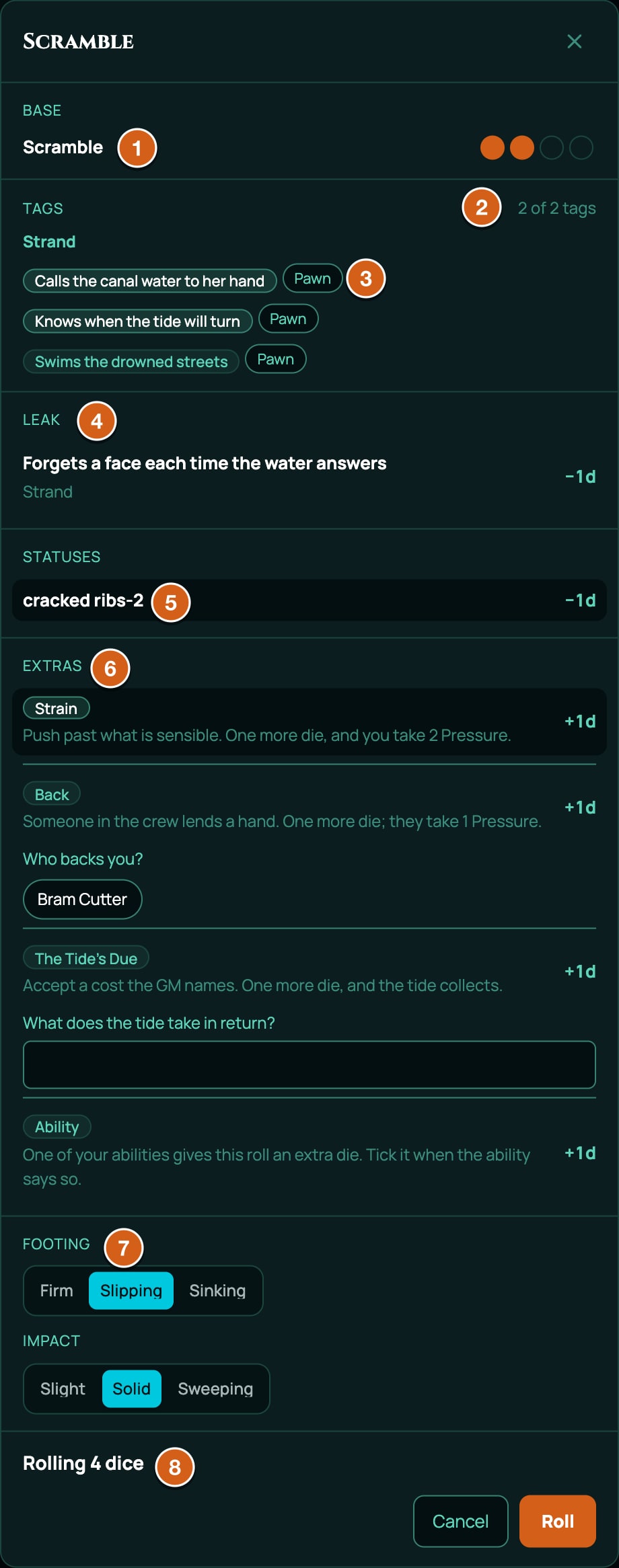 The pool builder for Scramble on a Ferret, labelled: 1 Base, Scramble with 2 dots, 2 Tags with two of her Tidecaller Strand's tags ticked, listed under the heading Strand, and the counter 2 of 2 tags, 3 the Pawn button on a tag, 4 Leak, 5 Statuses with cracked ribs-2 at minus 1d, 6 Extras, Strain ticked, Back with Who backs you?, The Tide's Due with its text box, Ability, 7 Footing on Slipping and Impact on Solid, 8 the summary Rolling 4 dice and the Roll button