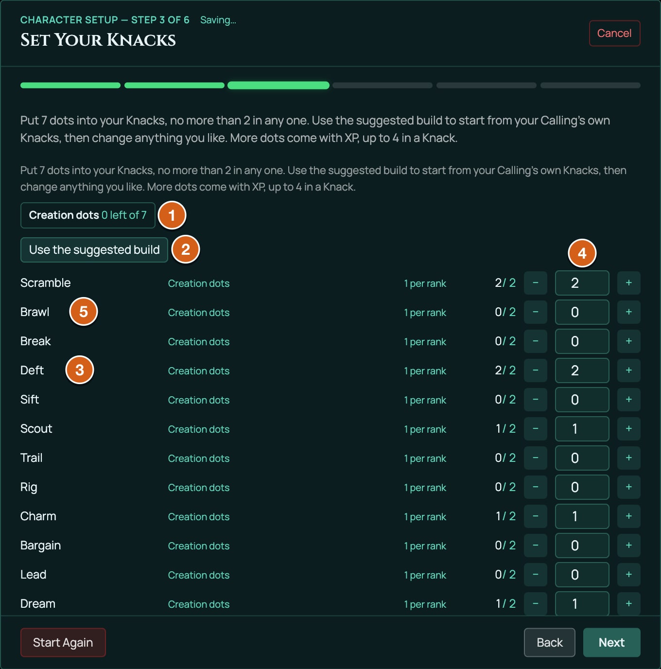 The Set Your Knacks step for a new Ferret after Use the suggested build, labelled: 1 Creation dots, 0 left of 7, 2 Use the suggested build, 3 Deft at 2, 4 the minus and plus buttons on Scramble, 5 a Knack still at 0