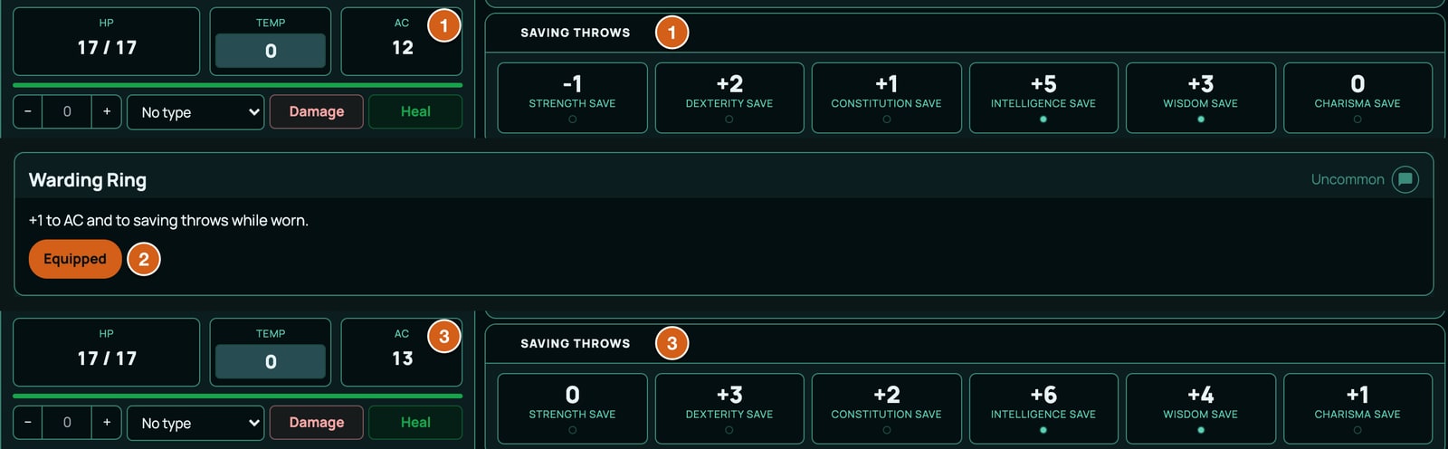 The Warding Ring on a wizard's sheet, labelled: 1 before: AC 12 and the saving throws, 2 the ring on the Items tab with Equipped switched on, 3 with the ring equipped: AC 13 and every saving throw 1 higher.