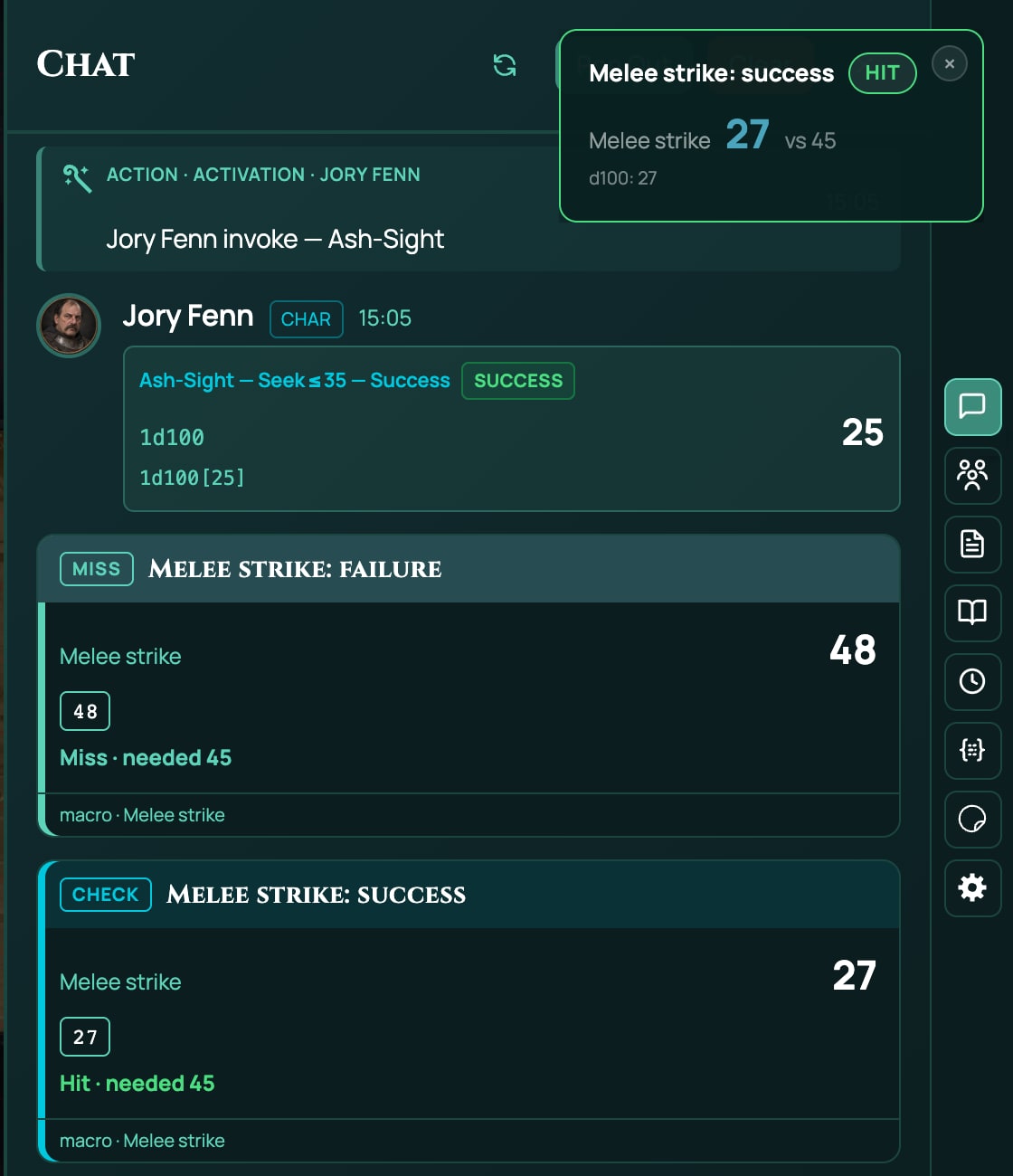 In an Ashfall game, the Melee strike: success card in chat with the d100 face, 27, the total 27 and Hit · needed 45, and its pop-up at the top right with the HIT badge, Melee strike 27 vs 45. Above it in chat is an earlier run's Melee strike: failure card, 48, with its Miss tag and Miss · needed 45.