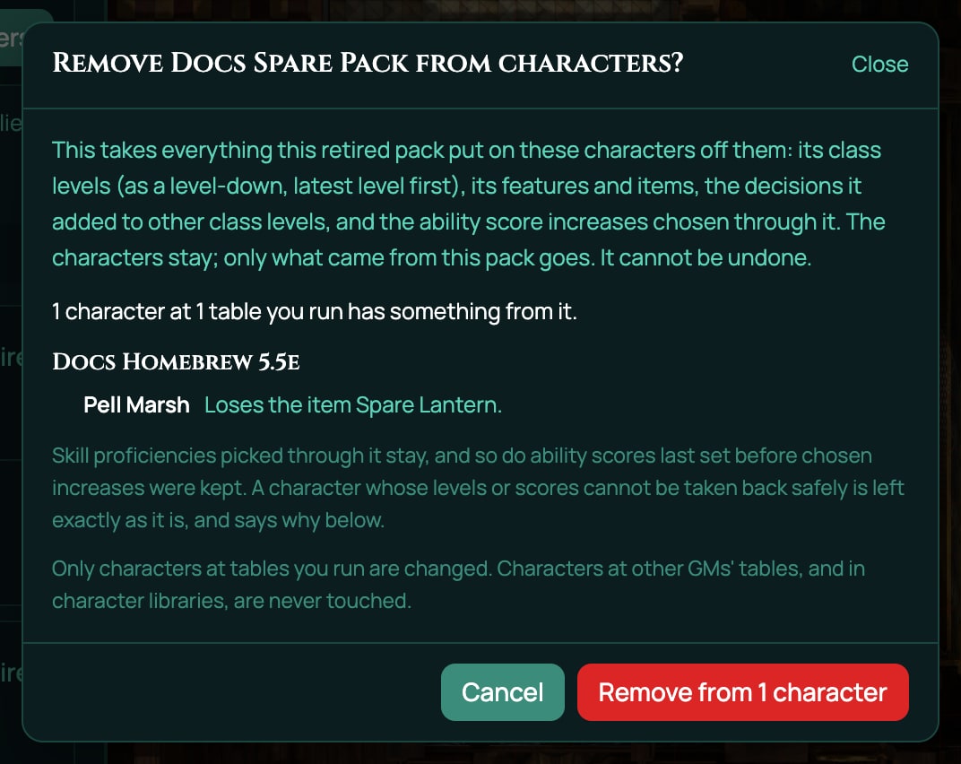 The Remove Docs Spare Pack from characters? window: what removing takes off, 1 character at 1 table you run has something from it, the game Docs Homebrew 5.5e with Pell Marsh, Loses the item Spare Lantern., the notes on what stays and that only characters at tables you run are changed, and the buttons Cancel and Remove from 1 character.