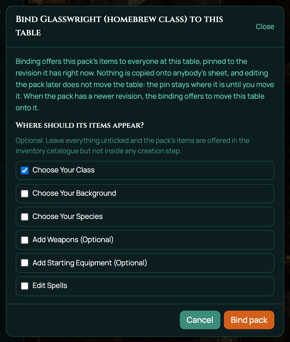 The Bind window for Glasswright (homebrew class): under Where should its items appear?, Choose Your Class is ticked with no warning box under it, the other steps are unticked, and Bind pack is at the bottom right.
