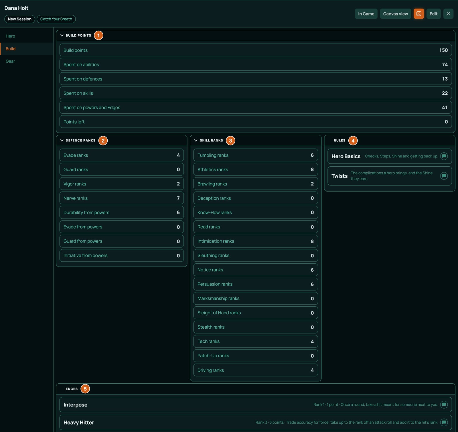 Dana Holt's Build tab, labelled: 1 the Build Points block, Build points 150, Spent on abilities 74, Spent on defences 13, Spent on skills 22, Spent on powers and Edges 41 and Points left 0, 2 Defence Ranks with Evade ranks 4 and Durability from powers 6, 3 Skill Ranks with Athletics ranks 8, 4 Rules with Hero Basics and Twists, 5 the Edges list with Heavy Hitter Rank 3.
