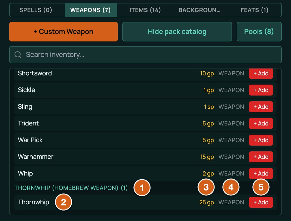 The + From pack list on the Items panel's Weapons tab, labelled: 1 the pack's name in capitals with its count, 2 the item's name, 3 its price, 4 its kind (weapon), 5 + Add.