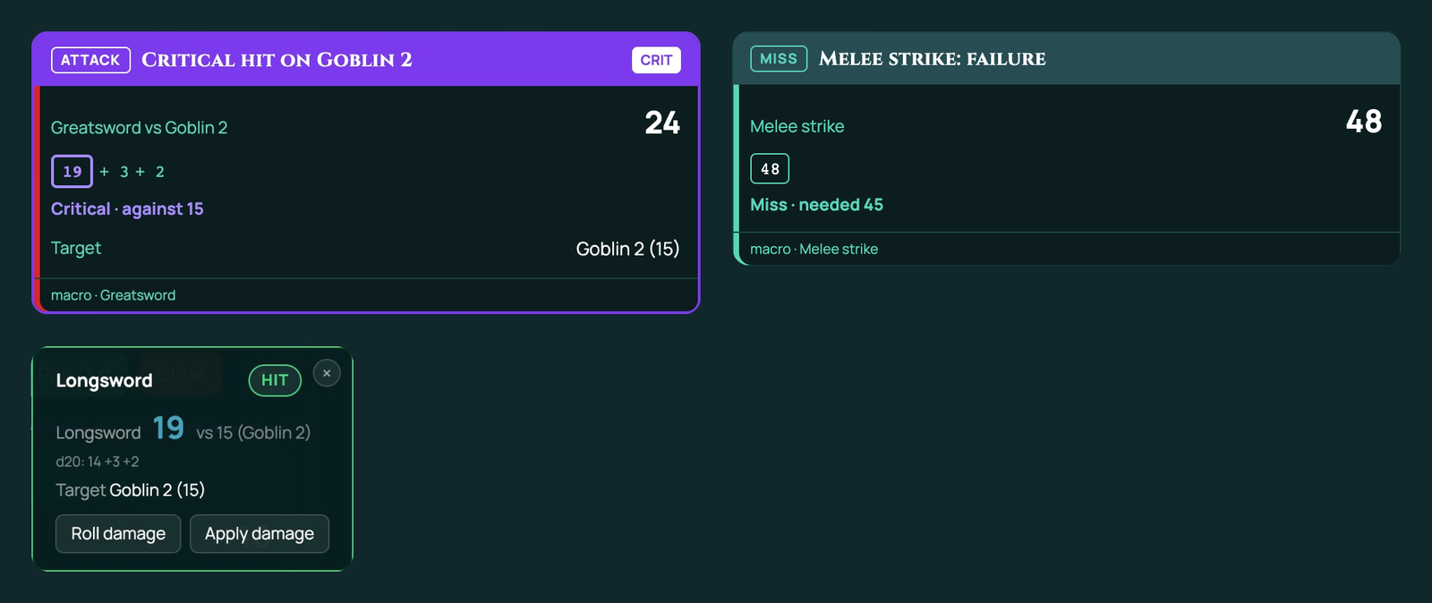 Two cards side by side in chat: a Greatsword Critical hit on Goblin 2 card with CRIT by the title, the d20's 19 outlined and Critical · against 15, and an Ashfall Melee strike: failure card, 48, reading Miss · needed 45. Below them, a Longsword pop-up with its HIT badge.