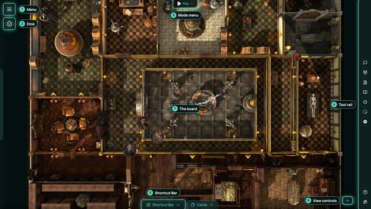 The table, labelled: 1 Menu, 2 Dice, 3 Mode menu, 4 Tool rail, 5 Shortcut Bar, 6 View controls, 7 The board