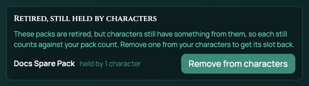 The Retired, still held by characters section at the top of My Homebrew: its explanation, then Docs Spare Pack, held by 1 character, and Remove from characters.