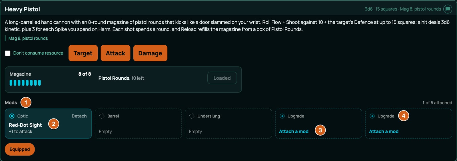 A Ninefold Heavy Pistol row in the Form View with its Mods panel open, labelled: 1 the Optic, Barrel, Underslung and Upgrade sockets from modSlots, 2 an attached Red-Dot Sight, 3 Attach a mod on an empty socket, 4 the two Upgrade sockets from max 2