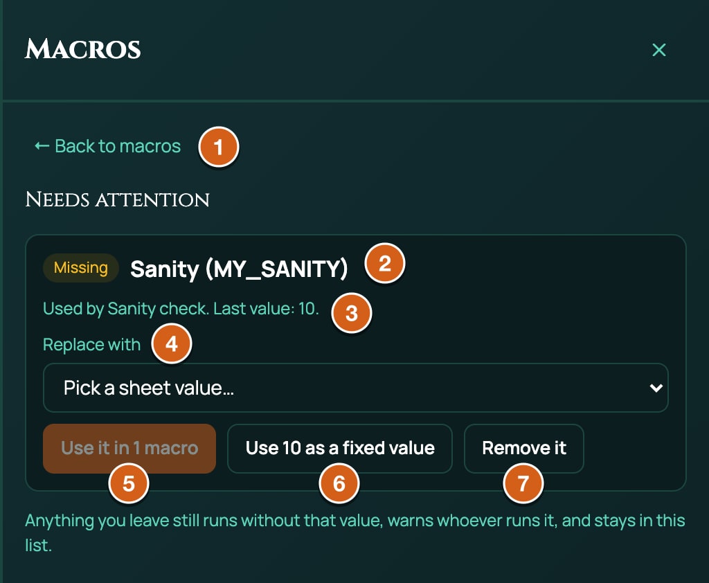 The Needs attention view, labelled: 1 Back to macros, 2 the Missing badge and the value's label and ID, Sanity (MY_SANITY), 3 Used by Sanity check. Last value: 10., 4 Replace with, 5 Use it in 1 macro, 6 Use 10 as a fixed value, 7 Remove it.
