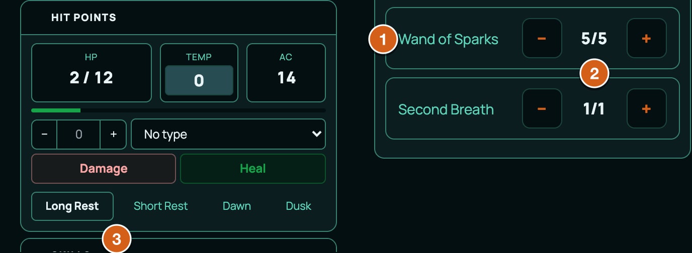 The Resources block on a 5.5e sheet's Main tab, beside the Hit Points block, labelled: 1 the item's name (the Wand of Sparks, with Second Breath below it), 2 the uses left, 5/5, between − and +, 3 the Short Rest and Long Rest buttons in the Hit Points block.