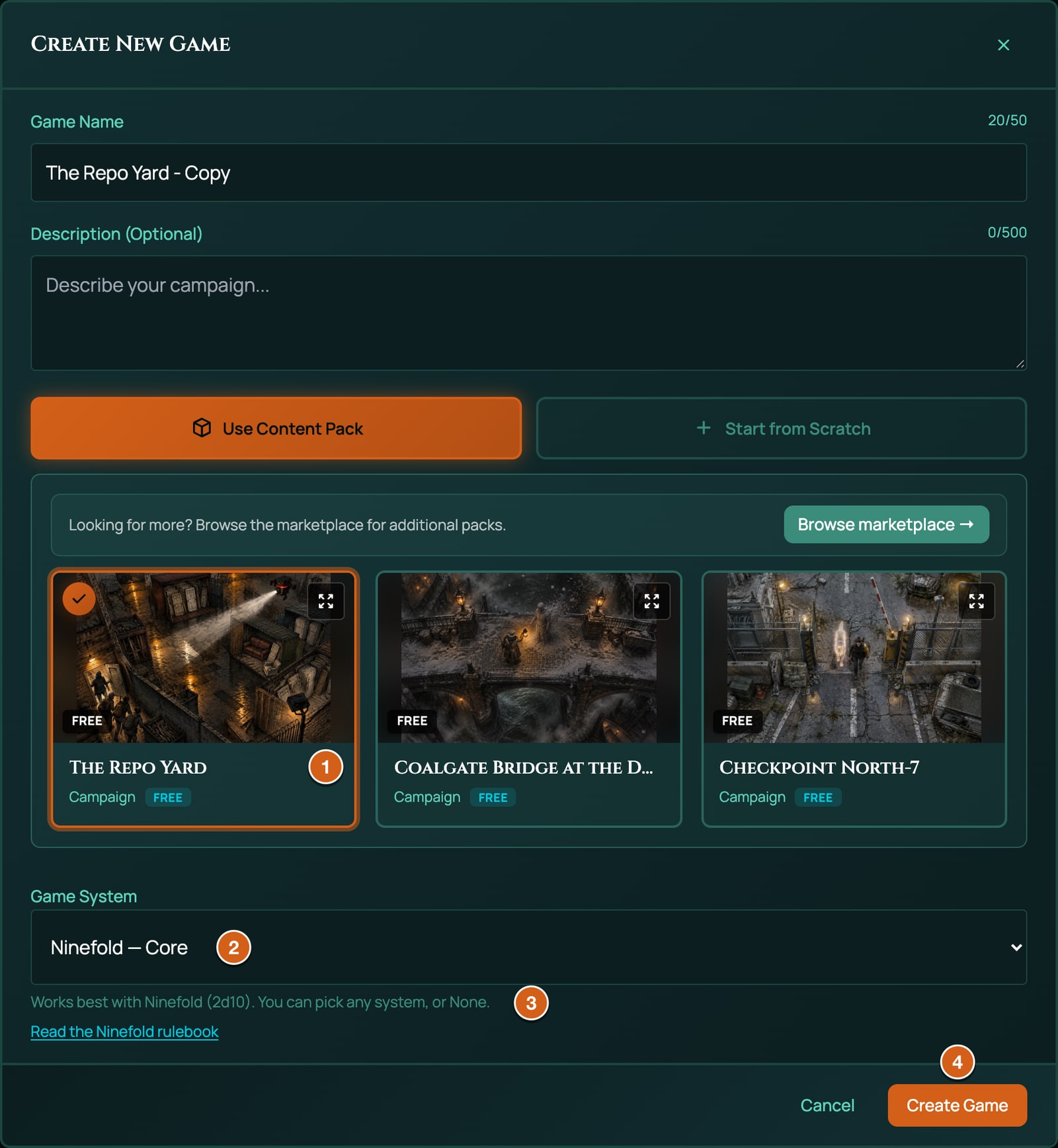 The Create New Game window on Use Content Pack, labelled: 1 The Repo Yard picked, a Campaign pack, 2 the Game System list set to Ninefold Core, 3 the line Works best with Ninefold (2d10). You can pick any system, or None. and the link Read the Ninefold rulebook under it, 4 Create Game