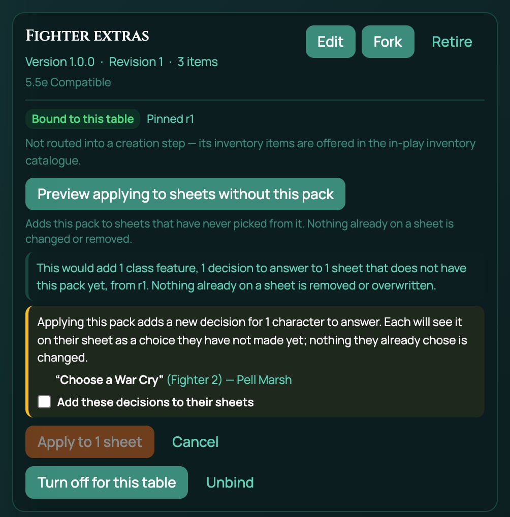 The Fighter extras binding after Preview applying to sheets without this pack: the line This would add 1 class feature, 1 decision to answer to 1 sheet that does not have this pack yet, the box that starts Applying this pack adds a new decision for 1 character to answer, the decision "Choose a War Cry" (Fighter 2) for Pell Marsh, the tick box Add these decisions to their sheets unticked, and Apply to 1 sheet greyed out.
