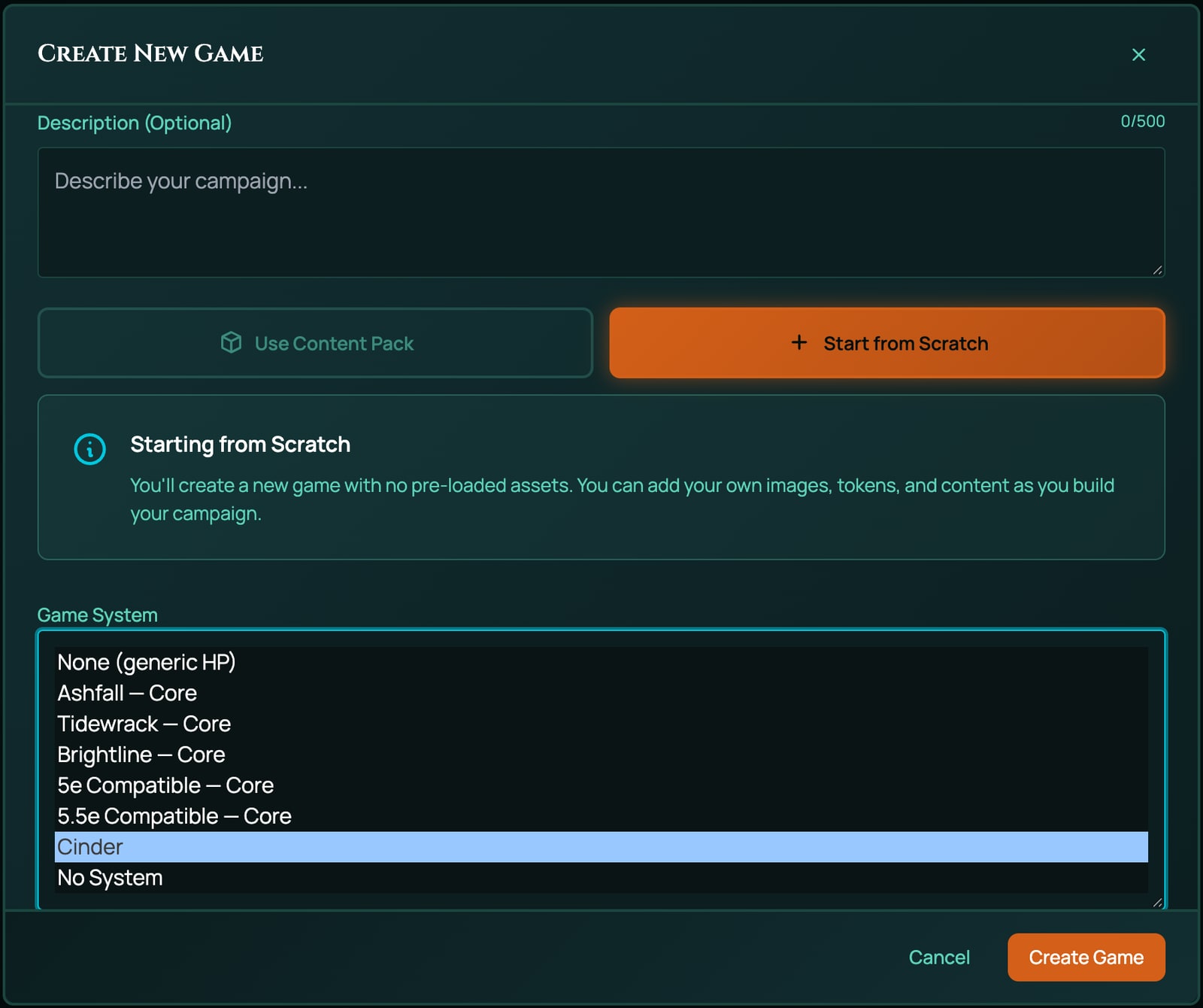 The Create New Game window with the Game System list open, showing Cinder with RollQuest's own systems, Brightline and Tidewrack among them.