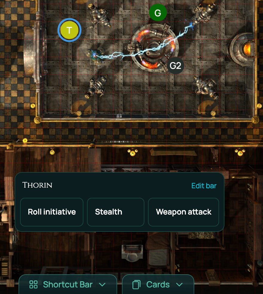 Thorin's token selected on the board, and above the Shortcut Bar the token action bar headed Thorin, with Edit bar and the buttons Roll initiative, Stealth and Weapon attack.