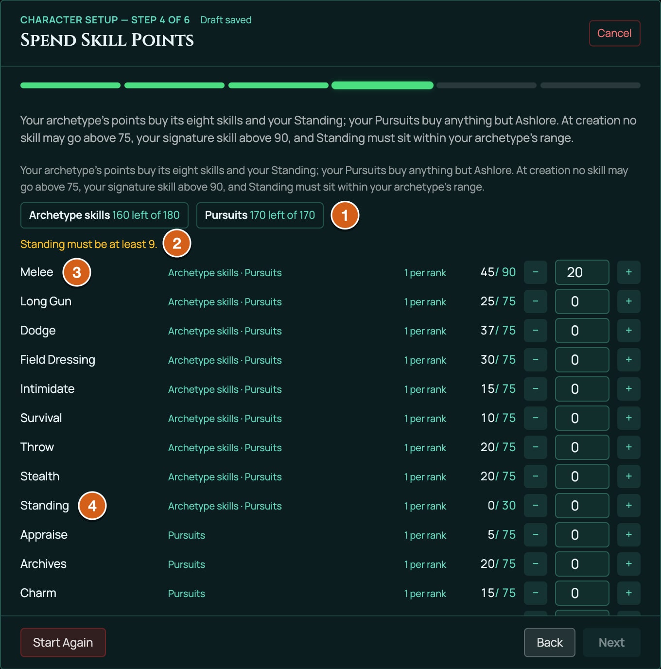 The Spend Skill Points step for a new Banner-Sworn, labelled: 1 the two budgets, Archetype skills 160 left of 180 and Pursuits 170 left of 170, 2 the line that keeps Next off, Standing must be at least 9., 3 Melee, the Banner-Sworn's signature skill, at 45 of a cap of 90 with 20 points on it, 4 Standing at 0 of 30. Each row also shows the budgets it draws on, 1 per rank, and the minus and plus buttons beside its points.