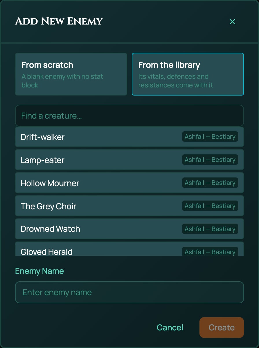 The Add New Enemy window in an Ashfall game with From the library chosen: the top of Ashfall's 15 bestiary rows, Drift-walker, Lamp-eater, Hollow Mourner, The Grey Choir, Drowned Watch and Gloved Herald, each tagged with the bestiary pack's name.