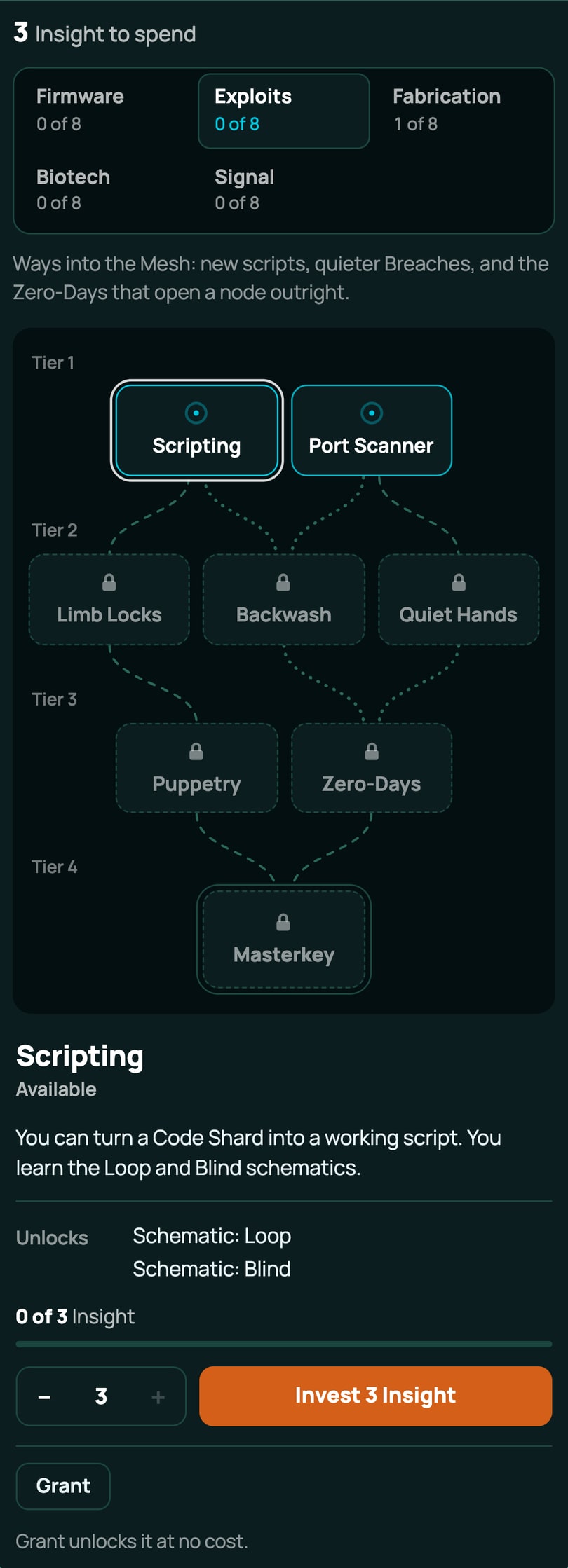 The Research tab on a phone: the Exploits tree as rows from Tier 1 at the top to Tier 4, with the detail panel for Scripting under the map