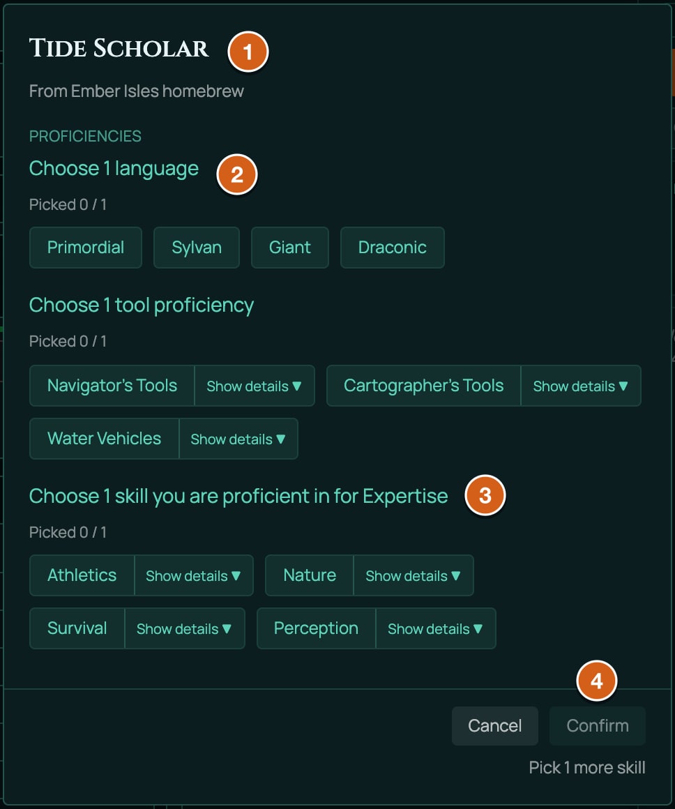 The choices window for Tide Scholar, labelled: 1 the item's name and its From line, From Ember Isles homebrew, 2 Choose 1 language with Picked 0 / 1, 3 the expertise choice, 4 Confirm, greyed out until every choice is complete.
