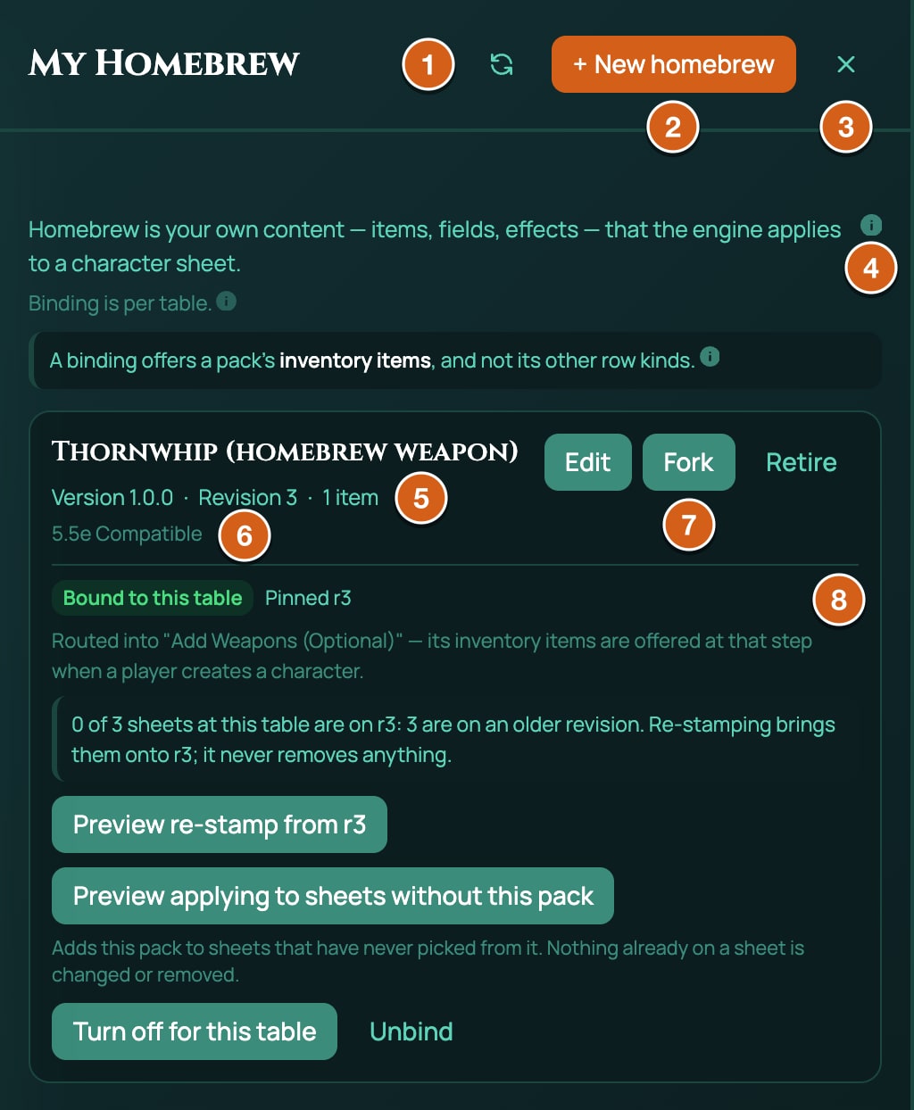 The My Homebrew panel with the Thornwhip bound, labelled: 1 Refresh, 2 + New homebrew, 3 Close, 4 the (i) How homebrew works, 5 the pack name with Version, Revision and item count, 6 the system, 7 Edit, Fork and Retire, 8 the binding block for this game.
